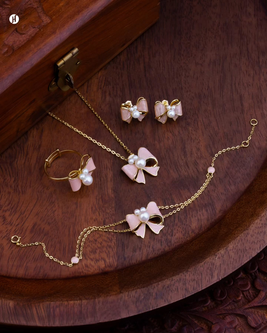 18-Karat Yellow Gold Italian Pink Bow Pendant Necklace Set | Party Wear Jewellery For Women in UAE