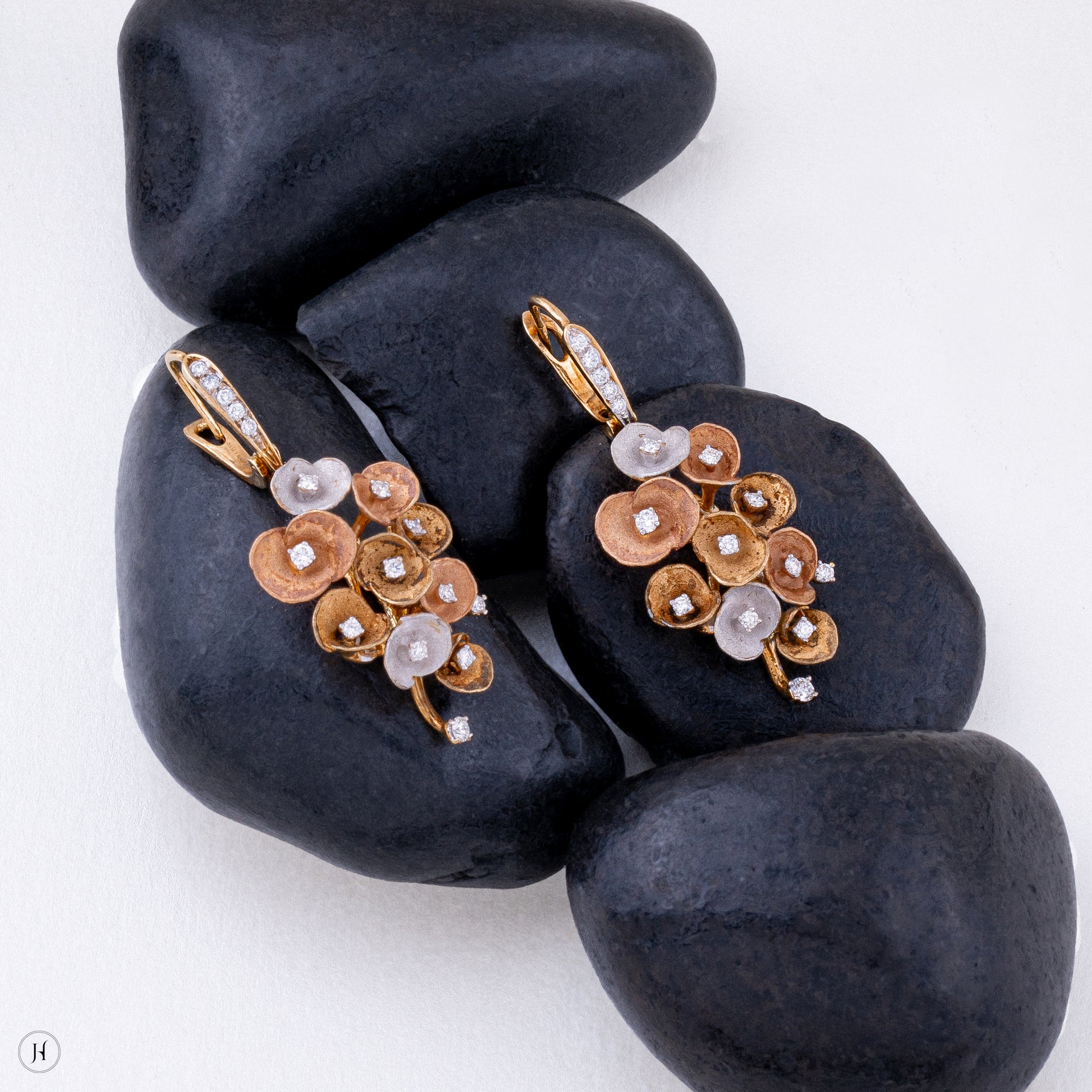 18K Italian Three Tone Gold Floral Bouquet Diamond Earring