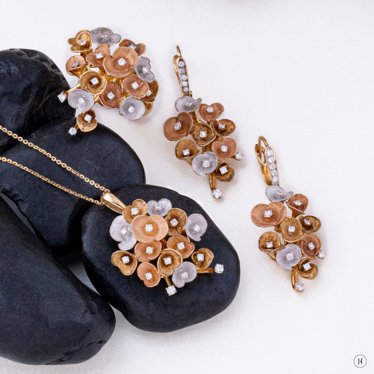 18K Italian Three Tone Gold Floral Bouquet Diamond Pendant Set for Dubai