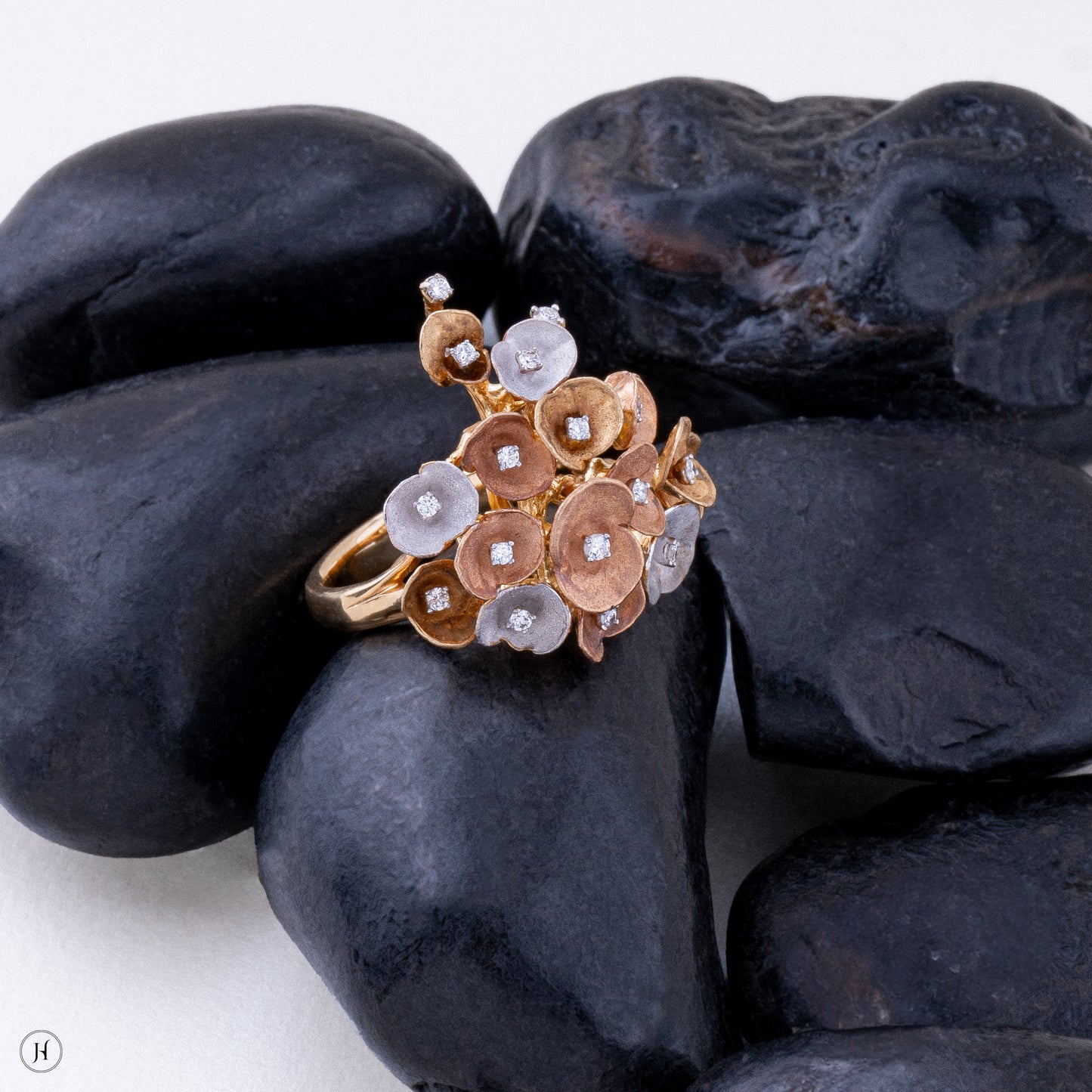 18K Italian Three Tone Gold Floral Bouquet Diamond ring