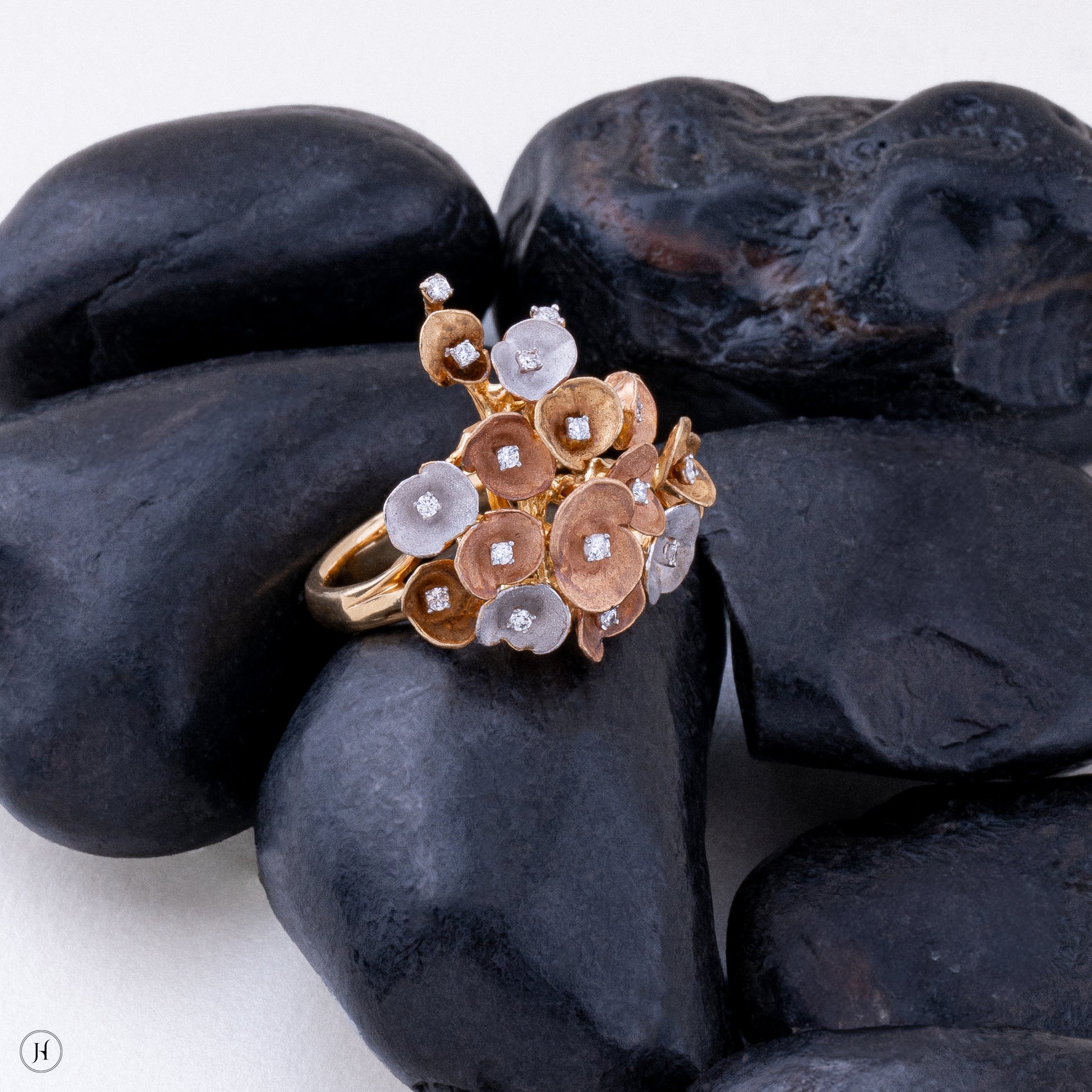 18K Italian Three Tone Gold Floral Bouquet Diamond ring