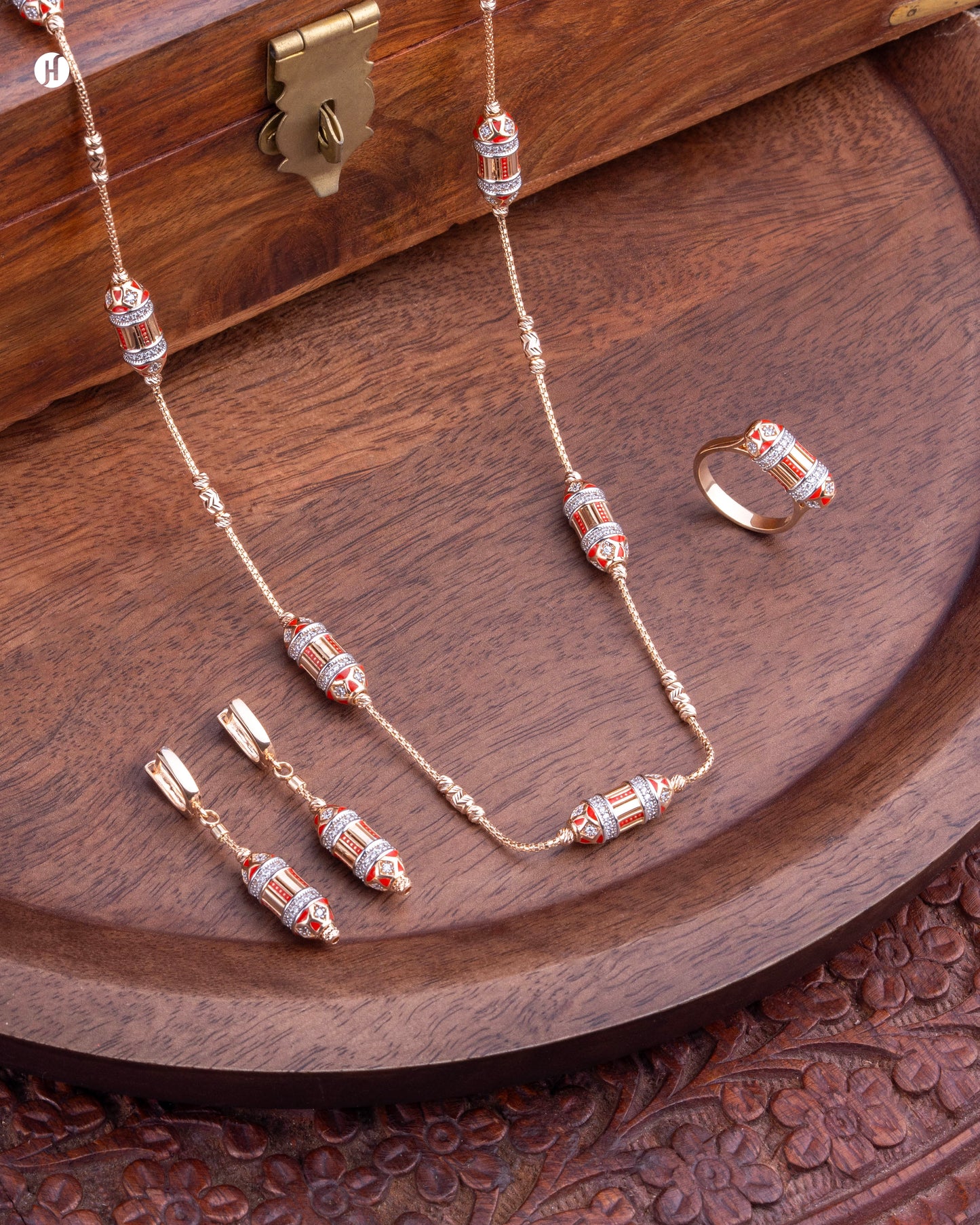 18K Rose Gold Bead Scroll Red Enamel Necklace Set | Italian Necklace Price in Dubai