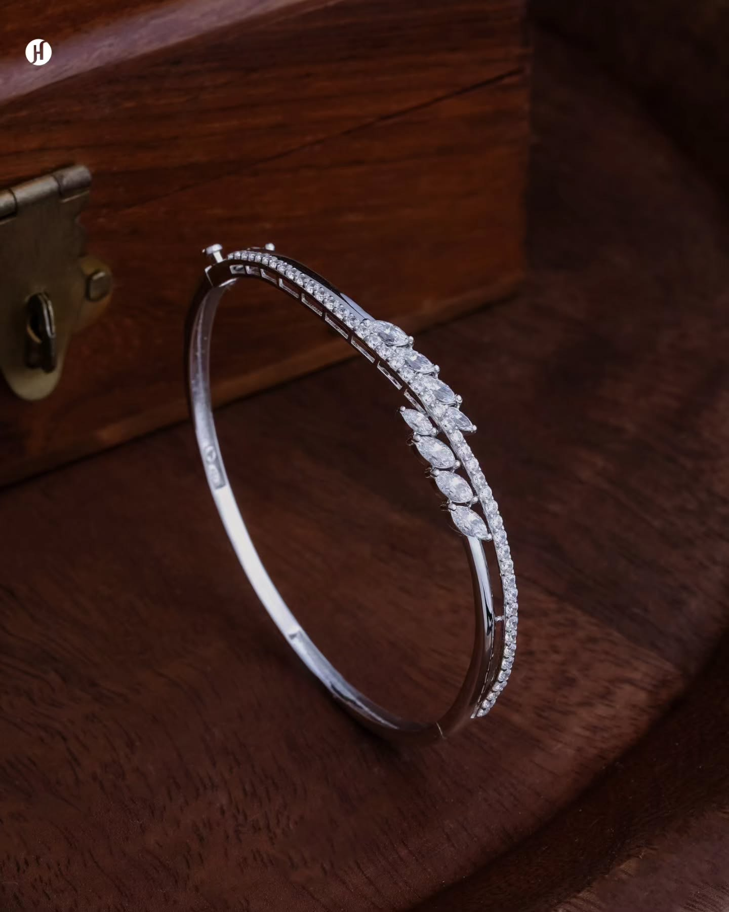 18K White Gold Italian Zircon Marquise Cluster Bangle | Party wear Jewellery.