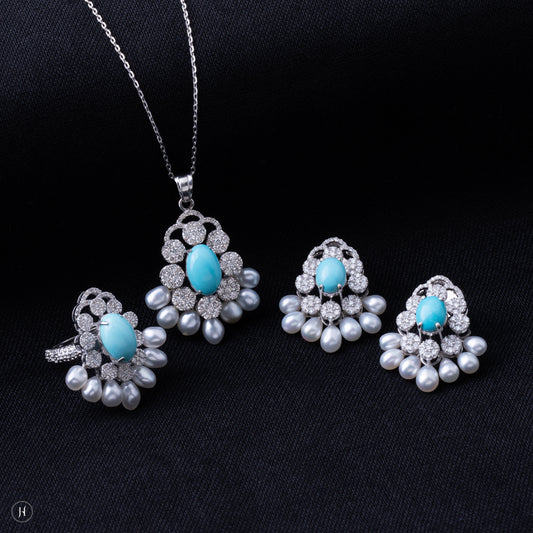 18K White Gold Pear Shaped Diamond Necklace Set With Feroza and Pearls for women in Dubai