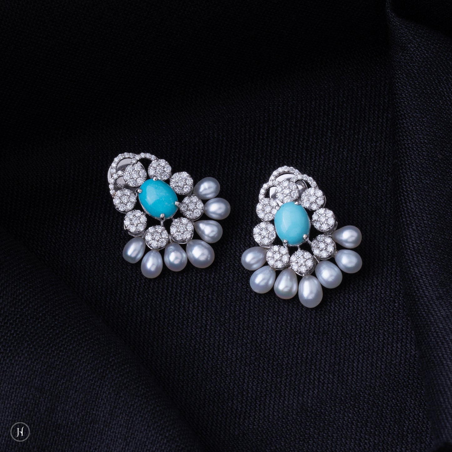 18K White Gold Pear Shaped Diamond earrings With Feroza and Pearls for women in Dubai