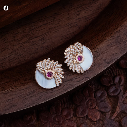 18K rose gold Italian mother-of-pearl wing drop earrings with white pavé and ruby centre, traditional Arabic gold jewellery for Emirati and Khaleeji ladies