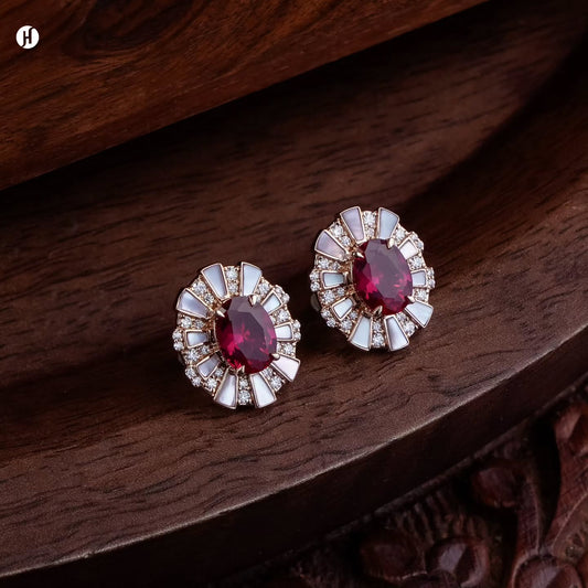 18K rose gold Italian ruby and mother-of-pearl sunburst stud earrings with white stones, traditional Arabic gold jewellery for Emirati and Khaleeji ladies