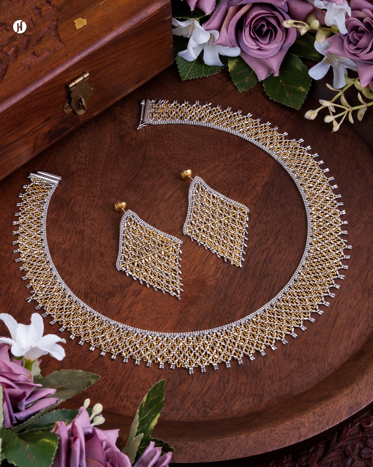 18Karat Dual Tone Gold Italian Wide Mesh-Style Choker Set | reversible design,worn in both directions