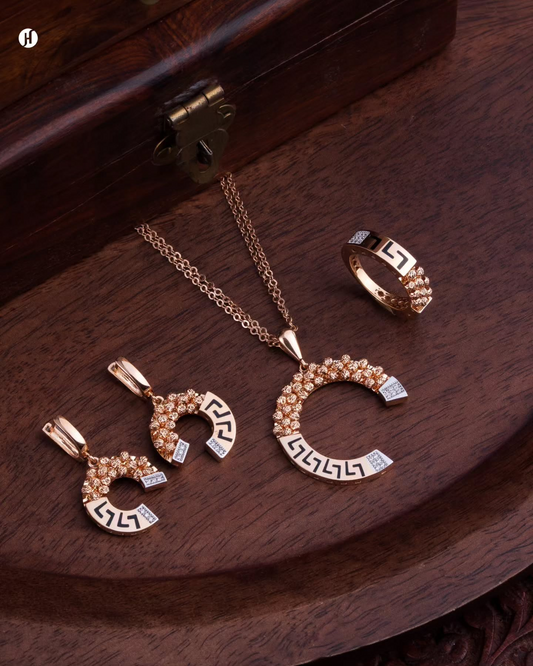 18Karat Rose Gold Italian Crescent Moon Pattern Greek Key Necklace Set | Online jewellery Store in Sharjah, UAE