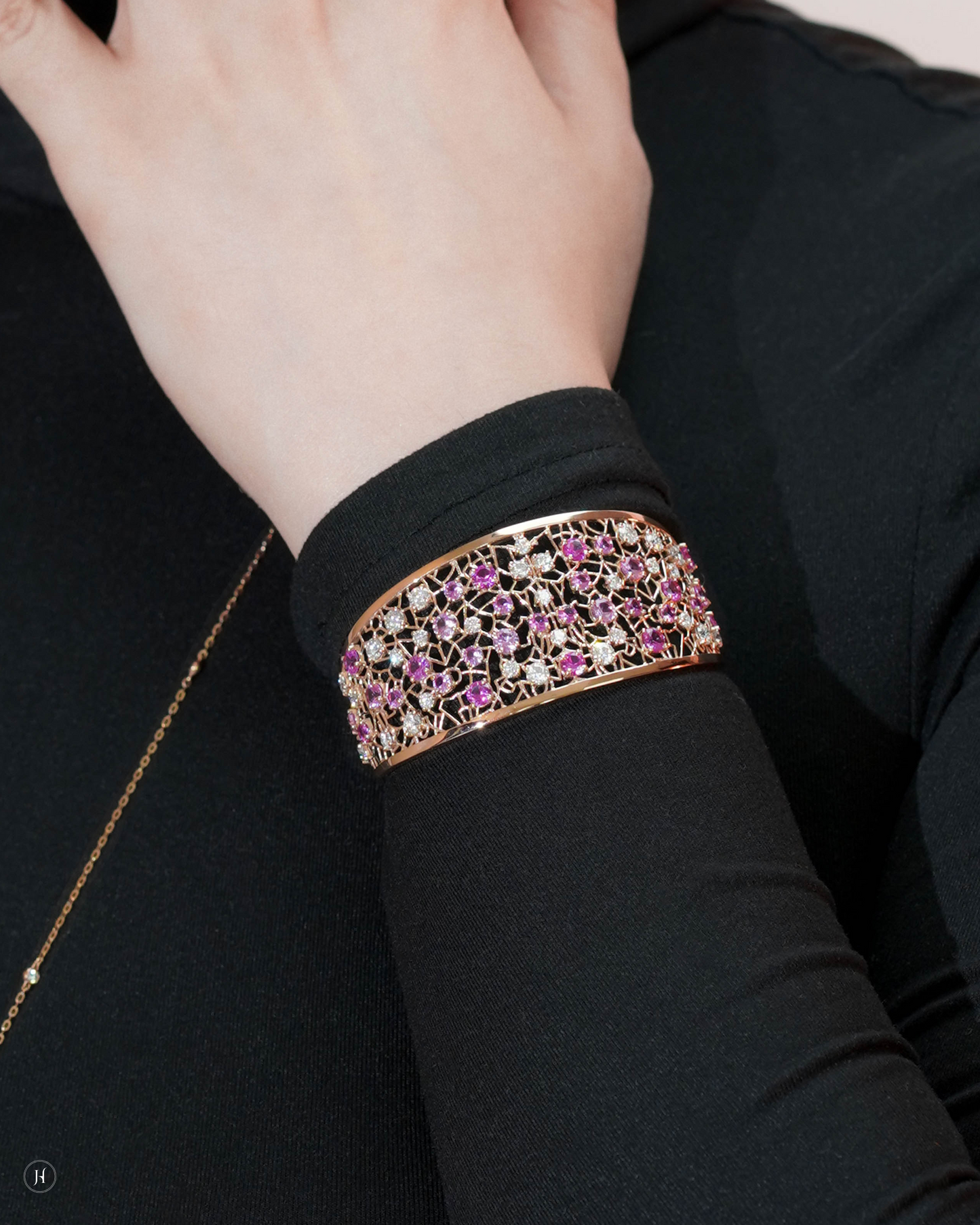 18Karat Rose Gold Italian Pink Sapphire Blossom Mosaic Bangle for Arab Women | Luxury gold Italian cocktail jewellery | Italian Rose Gold Price