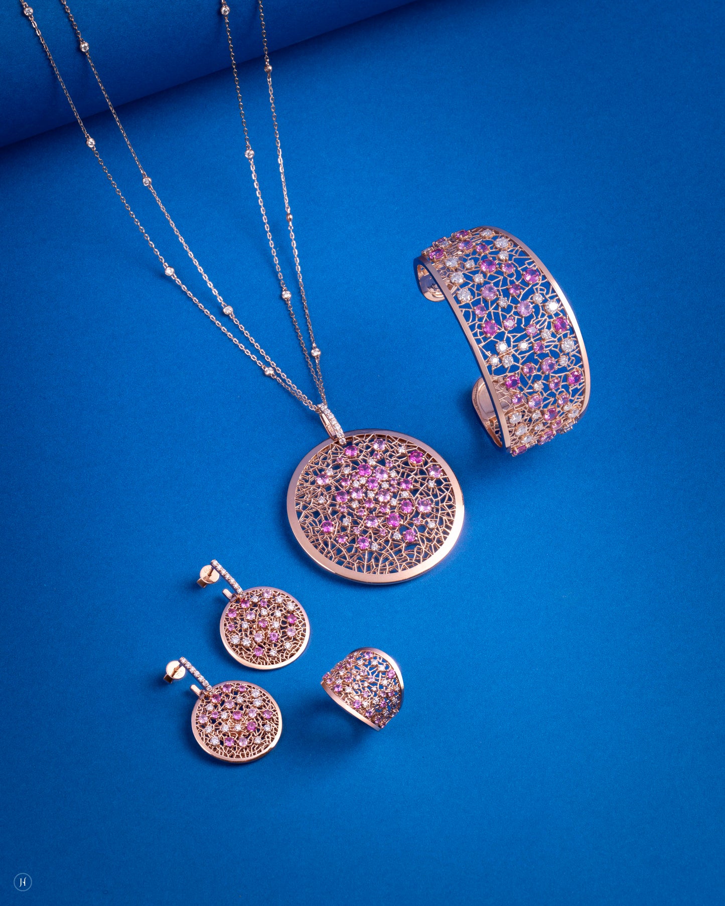 18Karat Rose Gold Italian Pink Sapphire Blossom Mosaic Necklace Set for Ladies | Luxury gold Italian cocktail jewellery