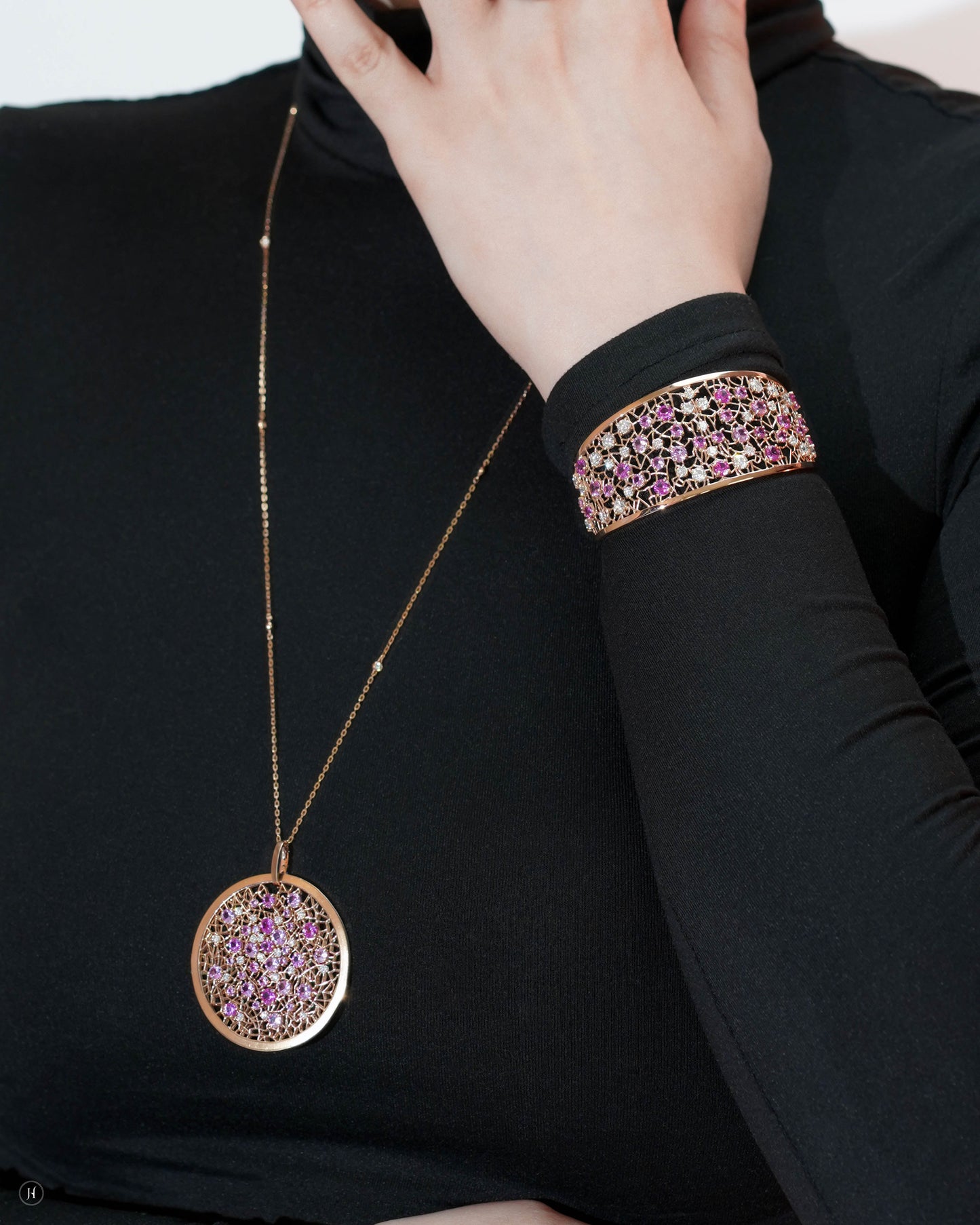 18Karat Rose Gold Italian Pink Sapphire Blossom Mosaic Necklace and Rings for Arab Women | Luxury gold Italian cocktail jewellery | Italian Gold Necklace Price