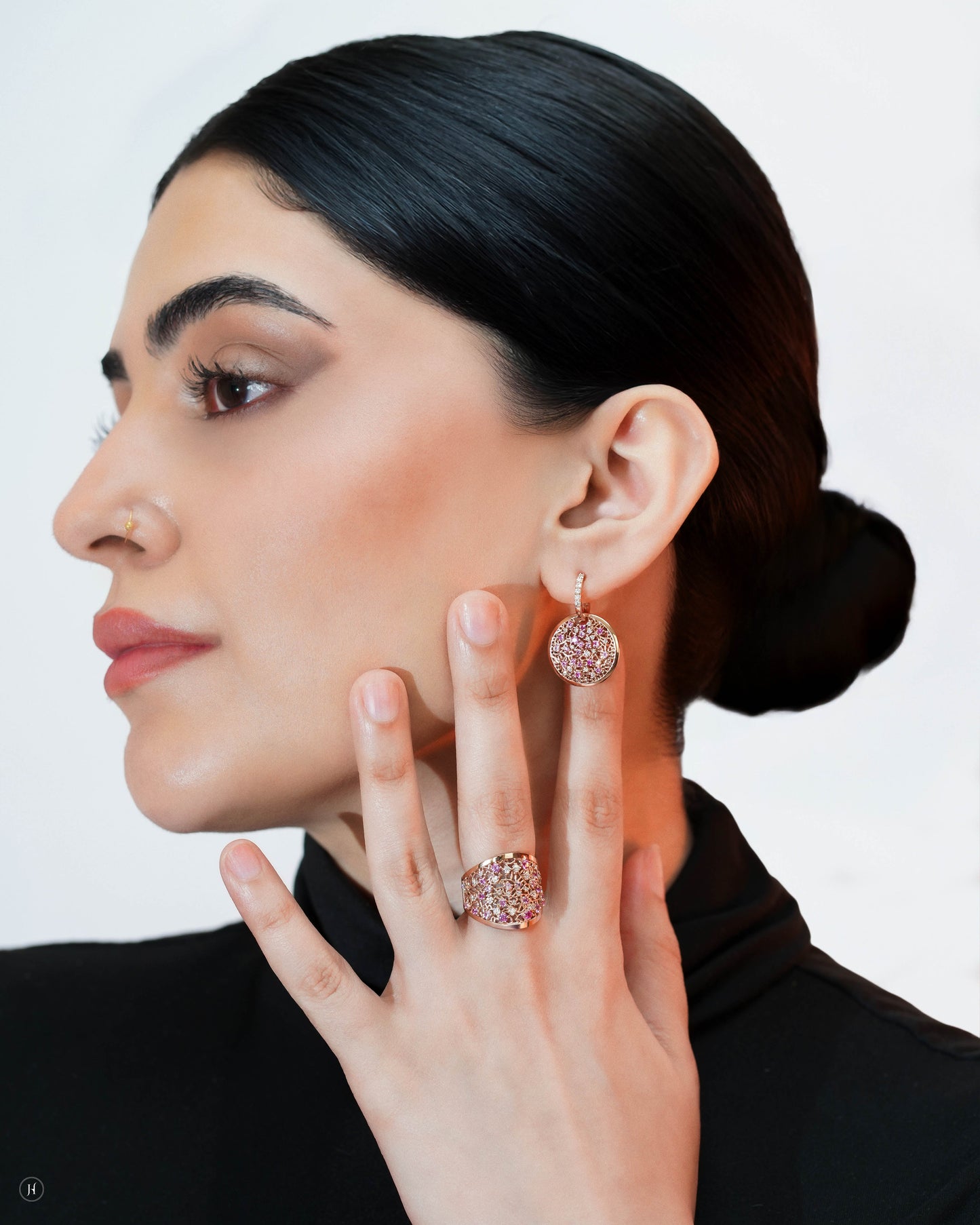 18Karat Rose Gold Italian Pink Sapphire Blossom Mosaic Ring and Earrings for Arab Women | Luxury gold Italian cocktail jewellery | Italian Gold Necklace Price
