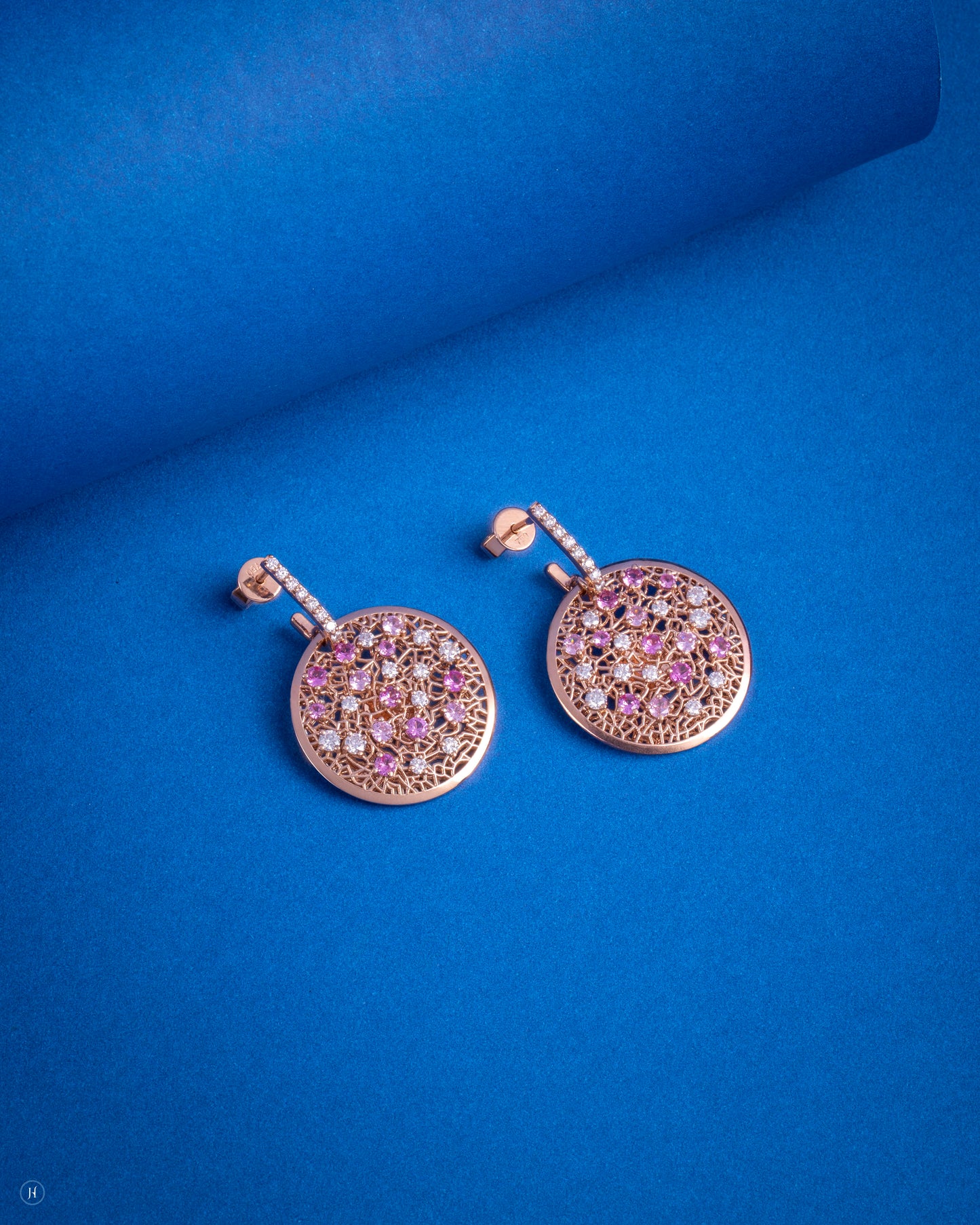 18Karat Rose Gold Italian Pink Sapphire Blossom Mosaic Earrings for Ladies | Luxury gold Italian cocktail jewellery