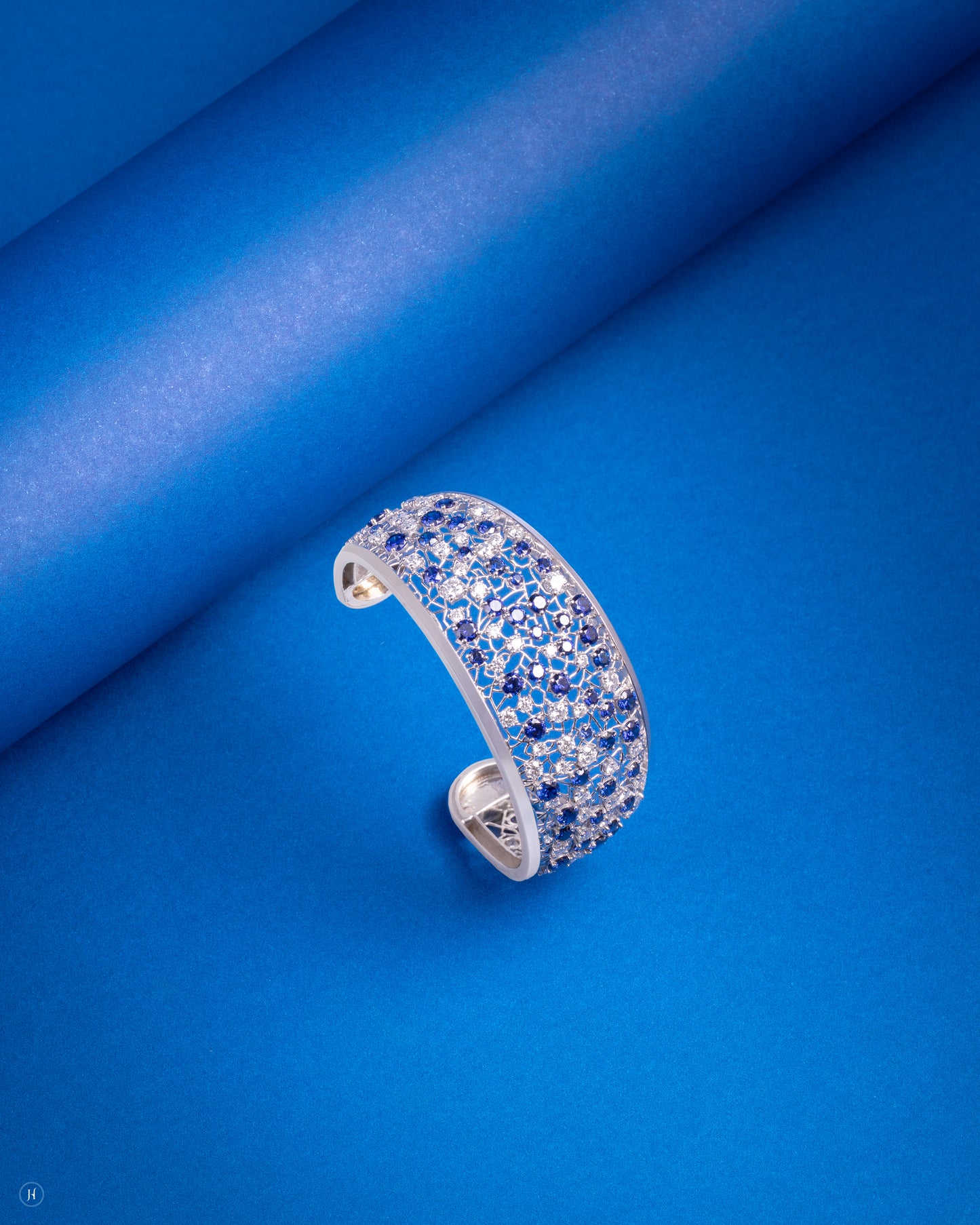 18Karat White Gold Italian Blue Sapphire Blossom Mosaic Bangle for women in Sharjah and Dubai, UAE | luxury Cocktail Jewellery