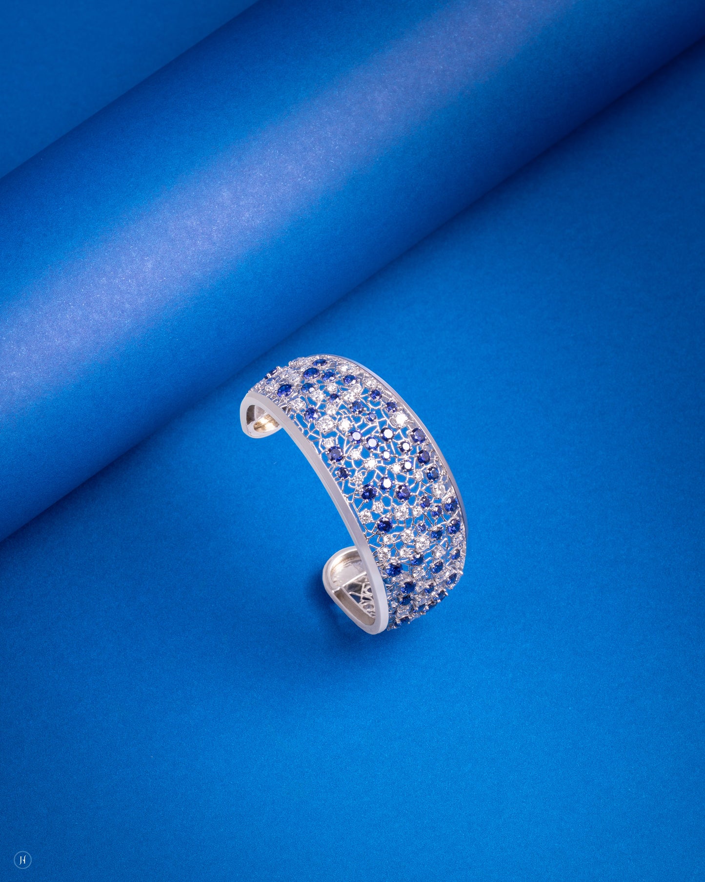 18Karat White Gold Italian Blue Sapphire Blossom Mosaic Bangle for women in Sharjah and Dubai, UAE | luxury Cocktail Jewellery