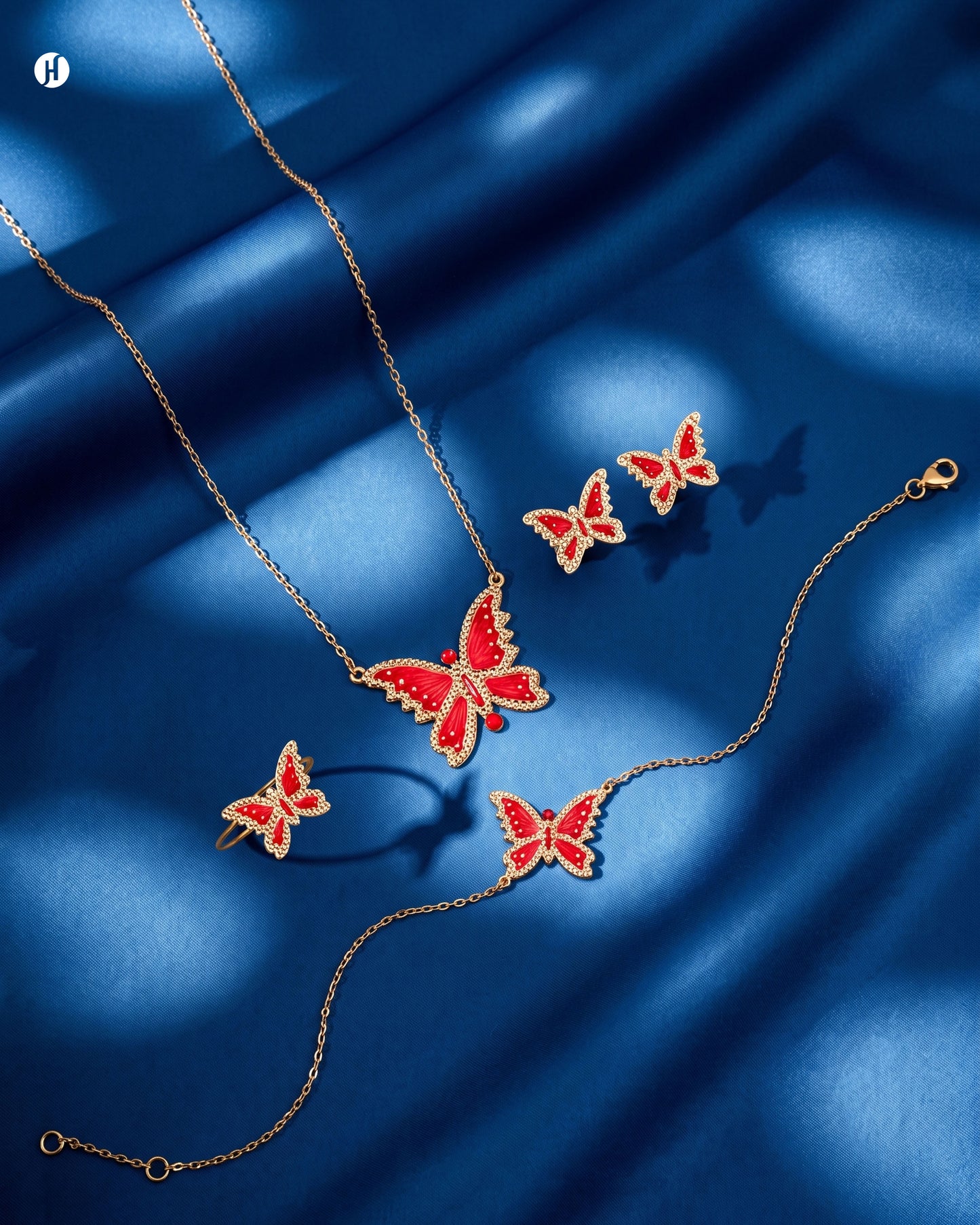 18Karat Yellow Gold Italian Red Enamel Butterfly Necklace Set