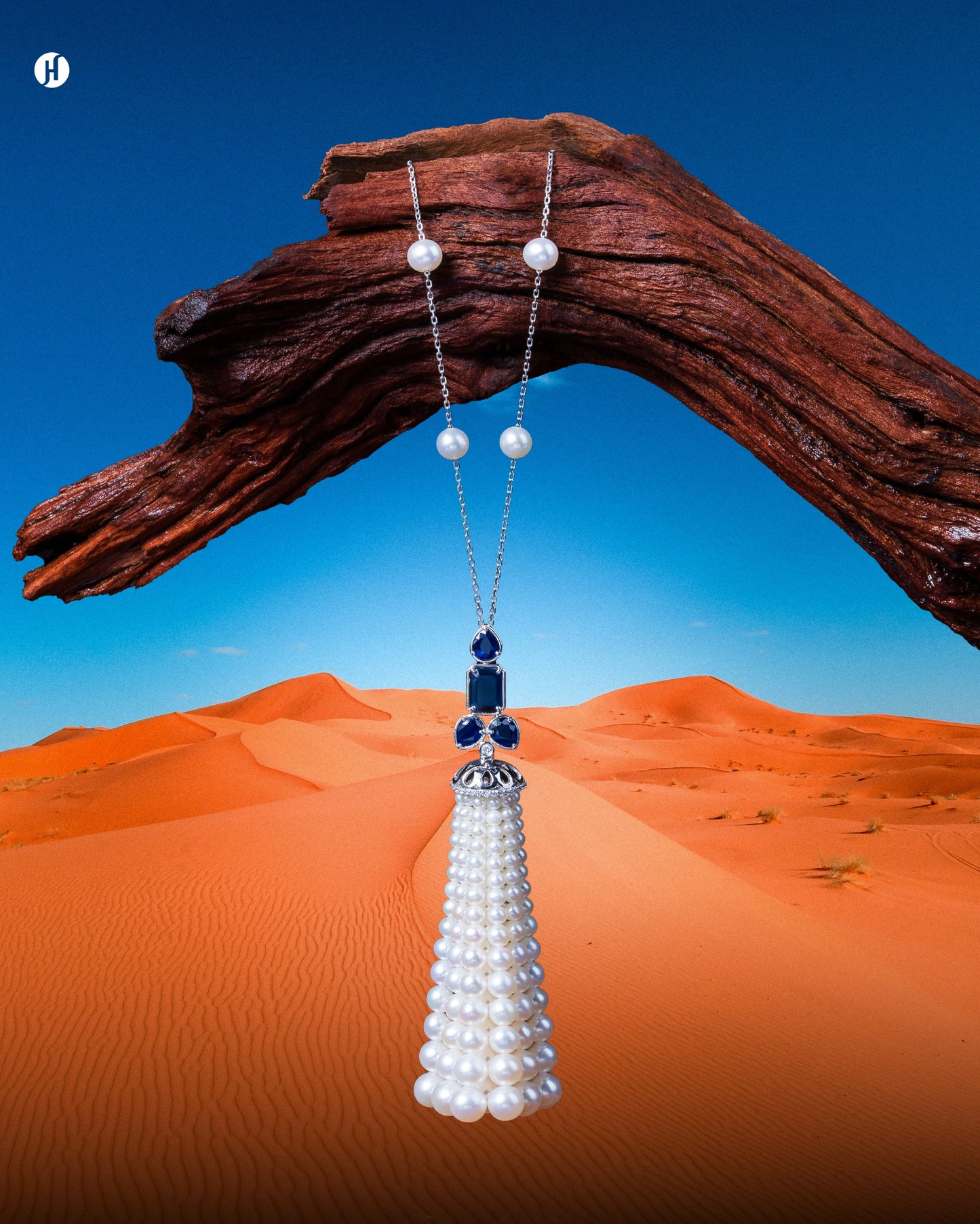 18Karat White Gold Waterfall Blue Sapphire Diamond Necklace with Pearls - J.H Jewellers
