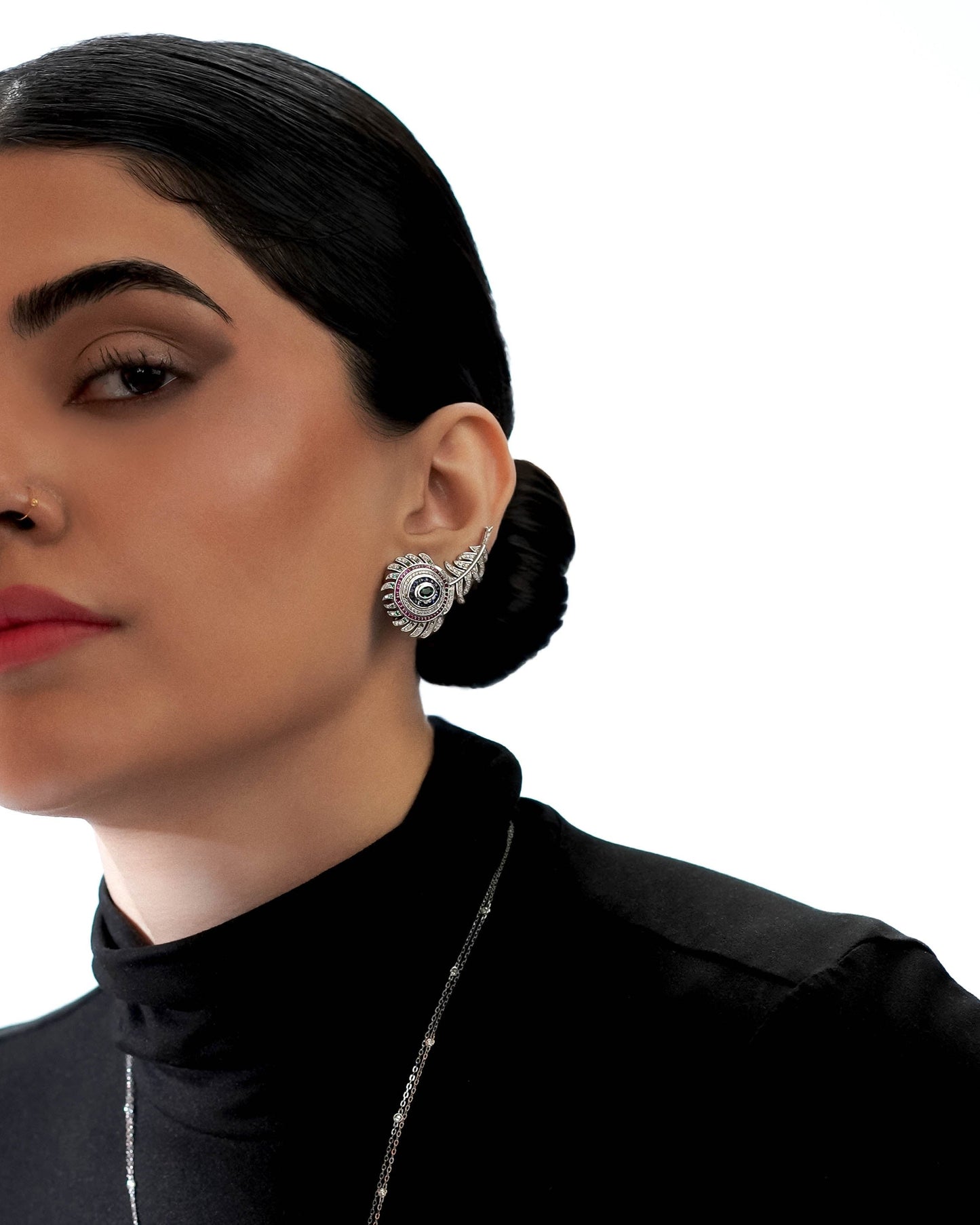 18Karat White Gold Italian Peacock Feather Design Earrings with Gemstones | luxury cocktail necklace gift for Ladies in Dubai