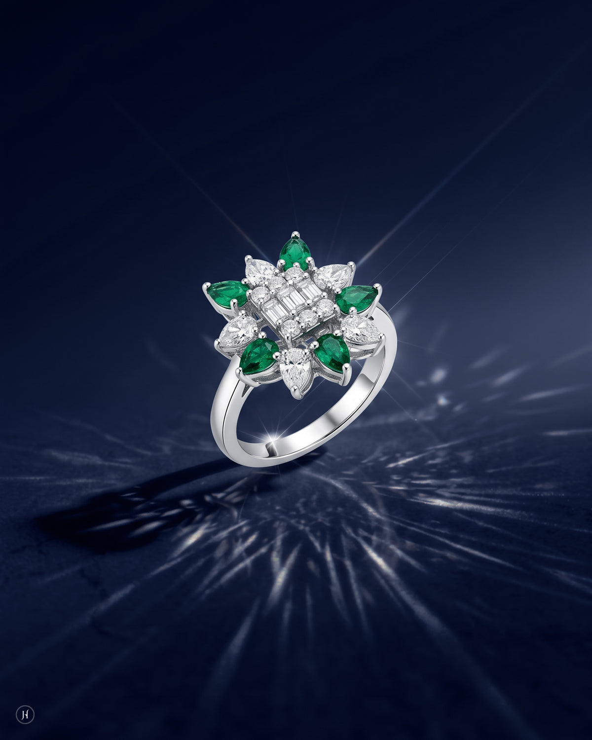 18K white gold emerald and zircon floral ring matching the necklace set, wedding and party wear, J.H. by Priyansh Jewellery, Dubai, UAE.