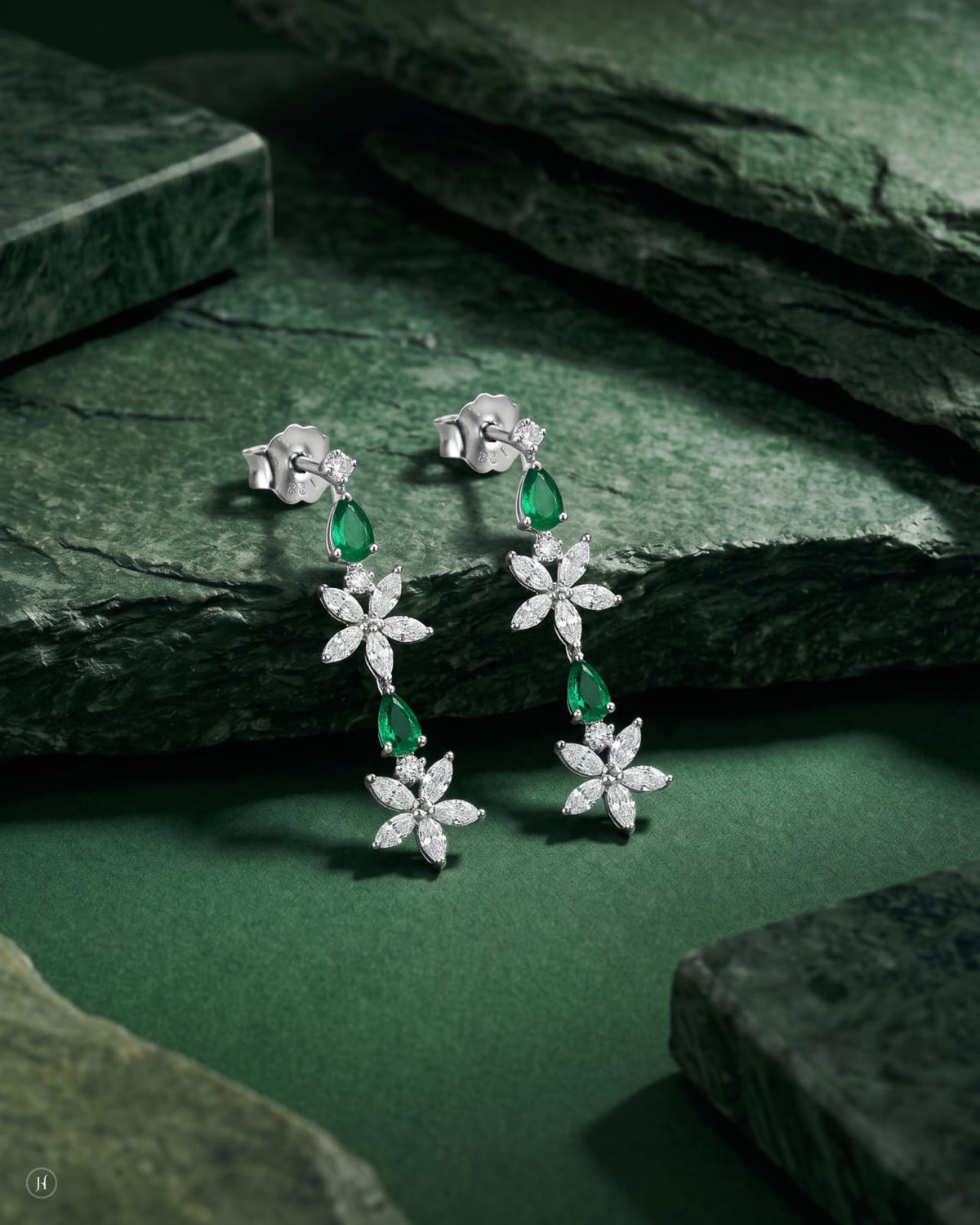 18K white gold emerald and zircon marquise flower drop earrings matching the necklace set, wedding and party wear, J.H. by Priyansh Jewellery, Dubai, UAE.