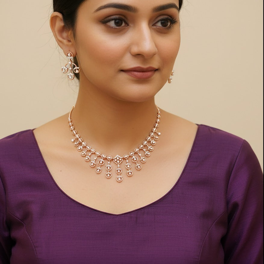 Woman wearing rose gold diamond necklace set — party wear and gifting jewelry in Dubai, UAE