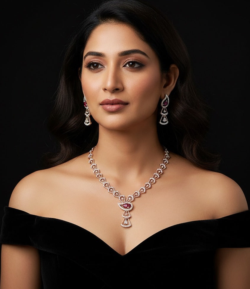 Woman wearing rose gold diamond and ruby necklace set — party wear and gifting jewelry in Dubai, UAE
