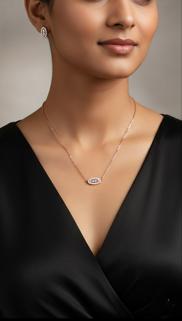 Lady wearing 18K rose gold diamond oval halo necklace set, evening and party wear for Emirati and Khaleeji women, J.H. Jewellers Dubai.