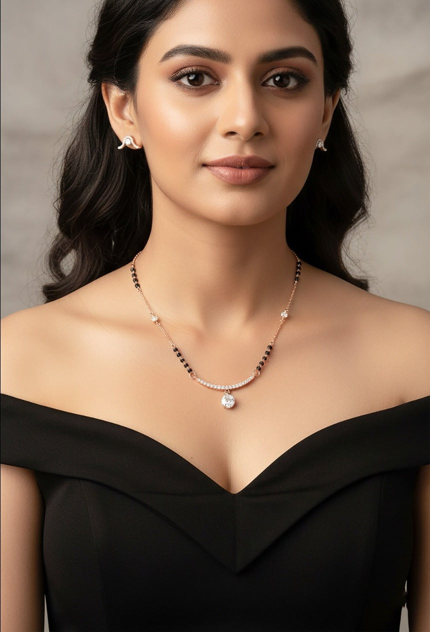 Woman wearing an 18K rose gold diamond necklace set, perfect for daily wear and gifting