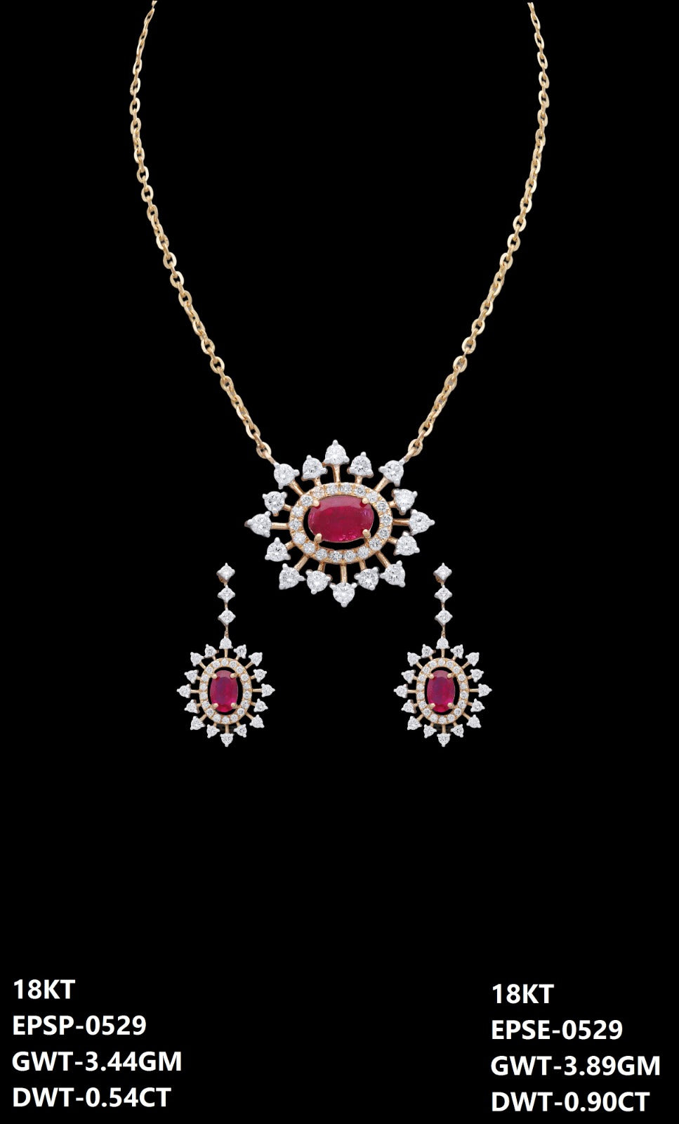 18K Italian rose gold ruby and diamond sunburst necklace and earrings set, party wear jewellery from J.H. Jewellers, Dubai UAE.