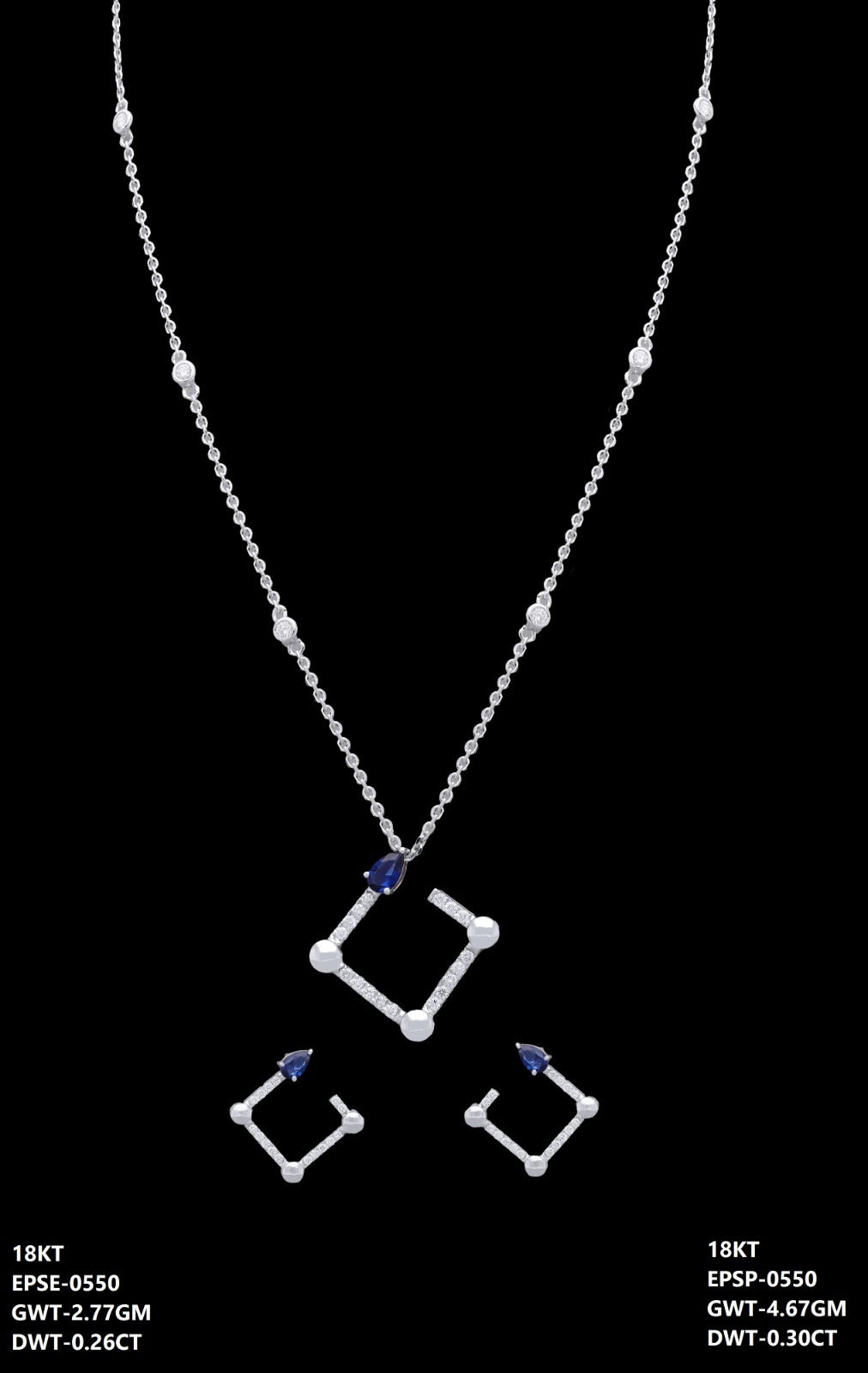 18K Italian white gold blue sapphire and diamond open square necklace and earrings set, party wear jewellery from J.H. Jewellers, Dubai UAE.
