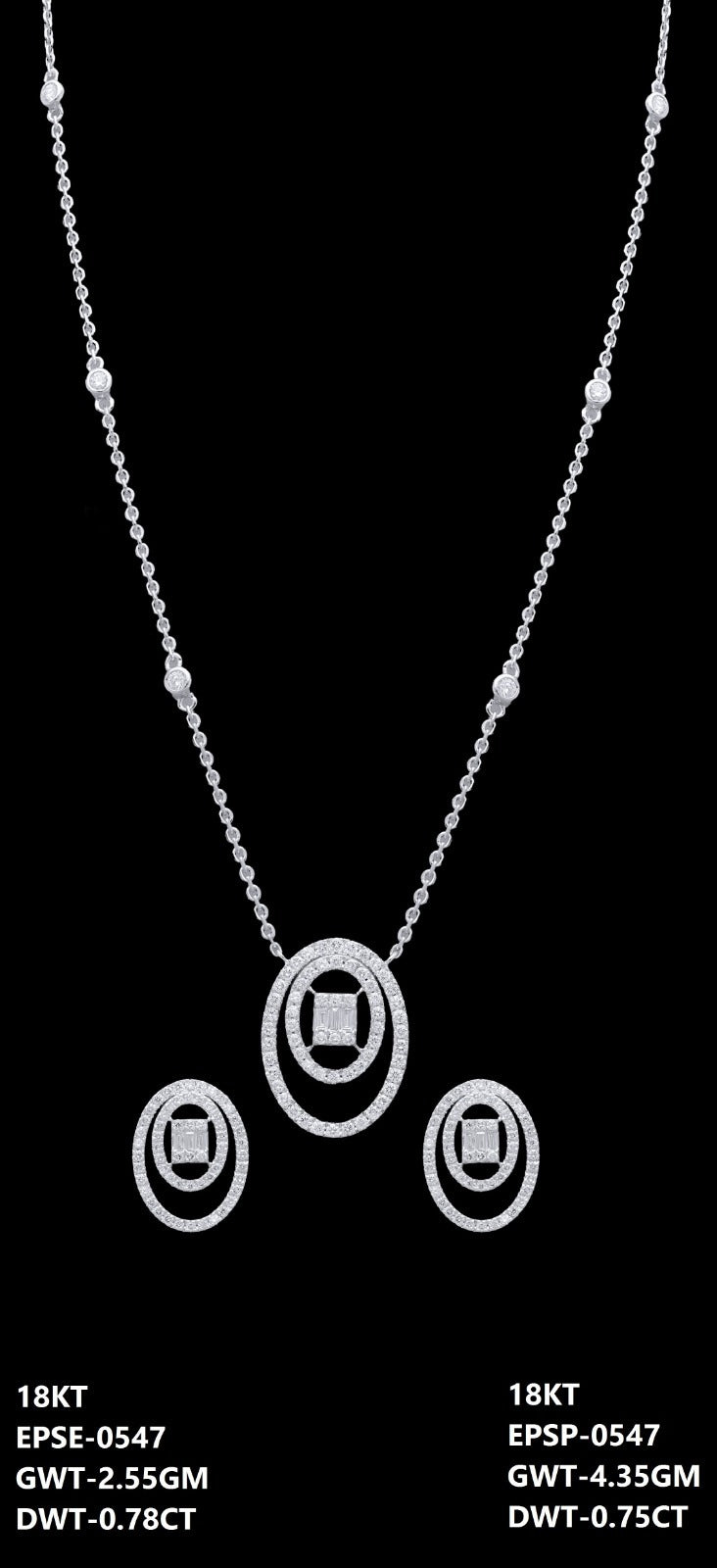 18K Italian white gold diamond double oval necklace and earrings set, party wear jewellery from J.H. Jewellers, Dubai UAE.