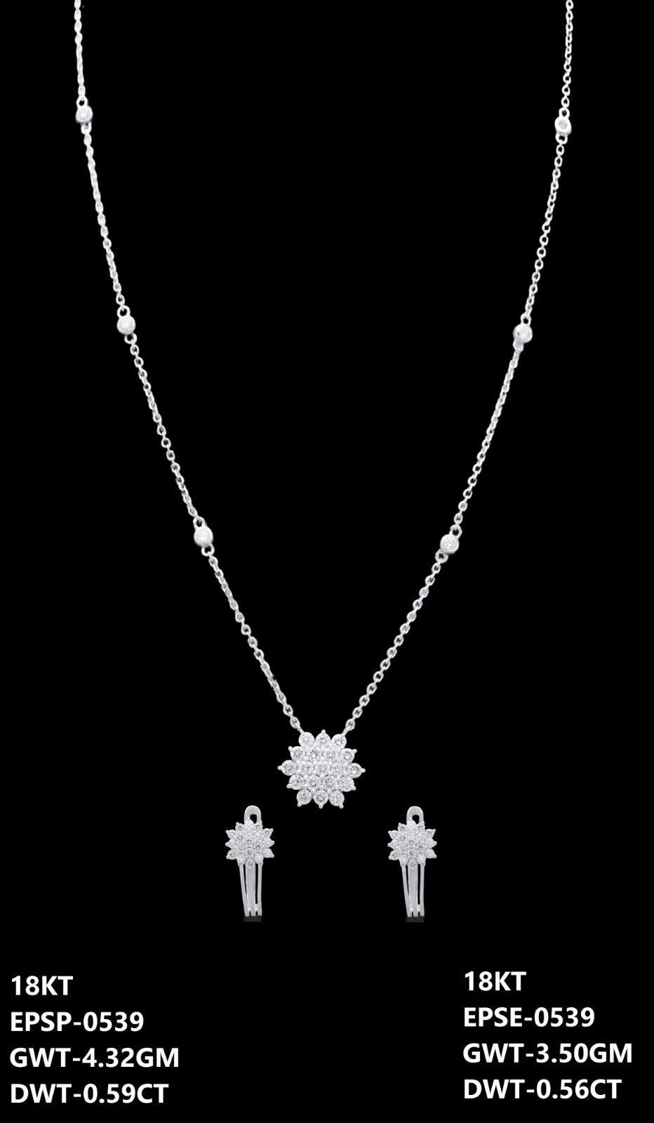 18K Italian white gold diamond floral cluster necklace and earrings set, party wear jewellery from J.H. Jewellers, Dubai UAE.