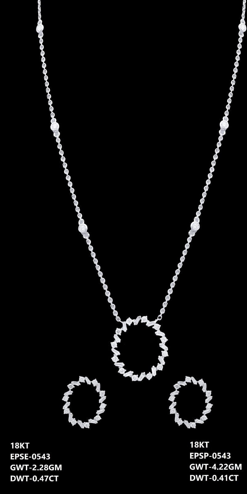 18K Italian white gold diamond open circle necklace and earrings set, party wear jewellery from J.H. Jewellers, Dubai UAE.