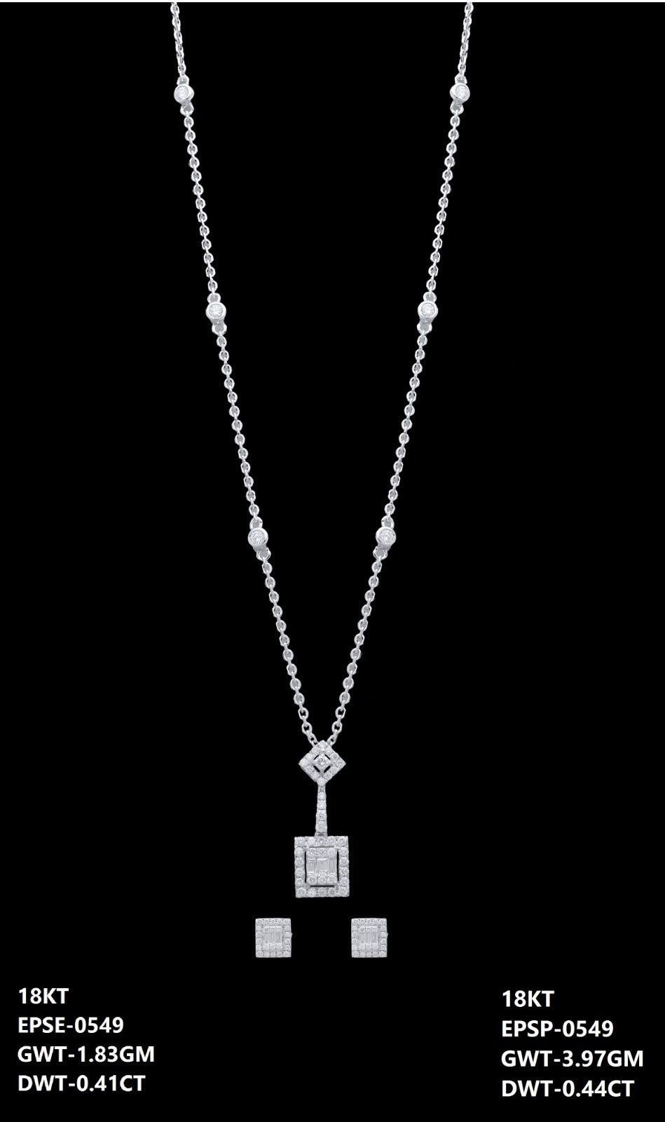 18K Italian white gold diamond square drop necklace and earrings set, party wear jewellery from J.H. Jewellers, Dubai UAE.