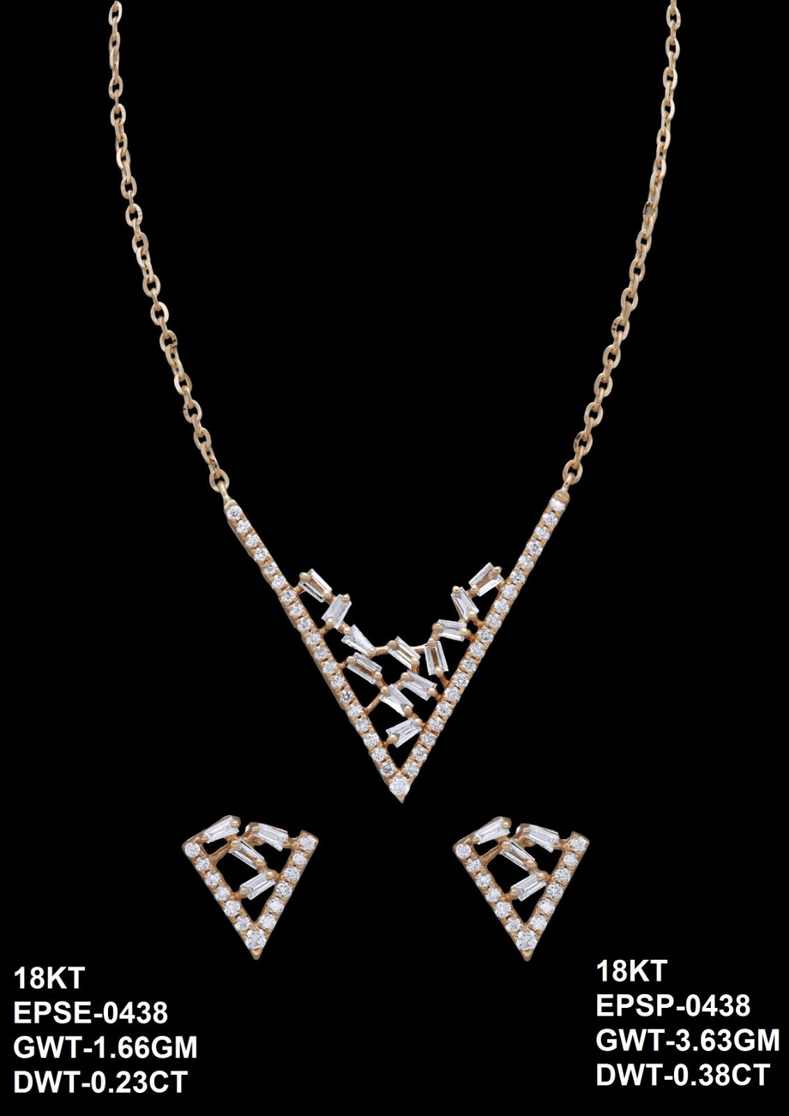 18K yellow gold diamond V-shape necklace and earring set — party wear and evening jewelry, ideal gift, Dubai UAE