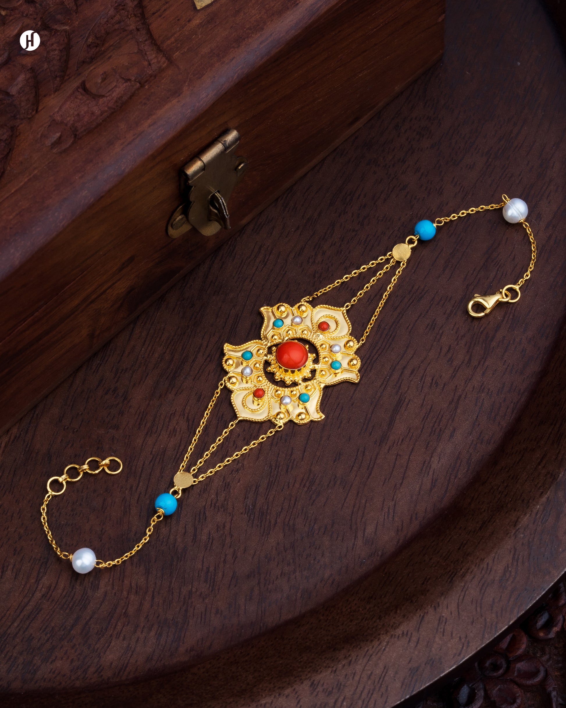 21-Karat Yellow Gold Bahraini Multi Gemstone Heritage Bracelet | Bridal Jewellery for Khaleeji/Arab Women - J.H Jewellers