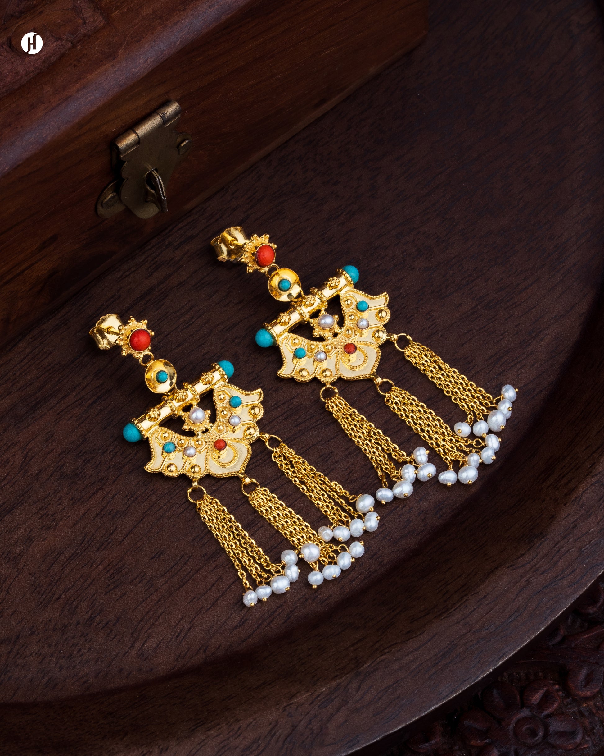 21-Karat Yellow Gold Bahraini Multi Gemstone Heritage Long Earrings | Bridal Jewellery for Khaleeji/Arab Women - J.H Jewellers