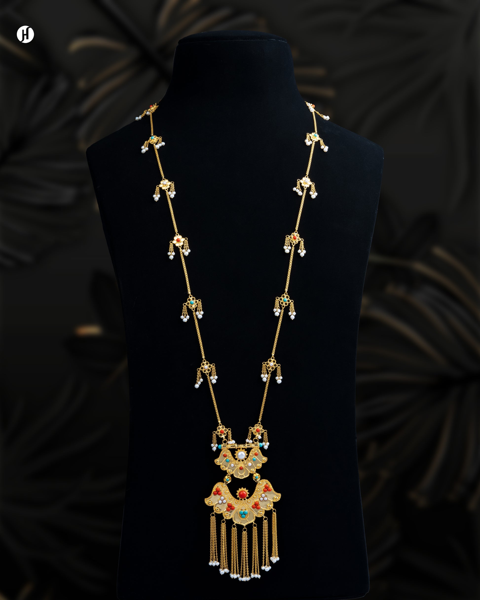 21-Karat Yellow Gold Bahraini Multi Gemstone Heritage Long Necklace | Bridal Jewellery for Khaleeji/Arab Women - J.H Jewellers