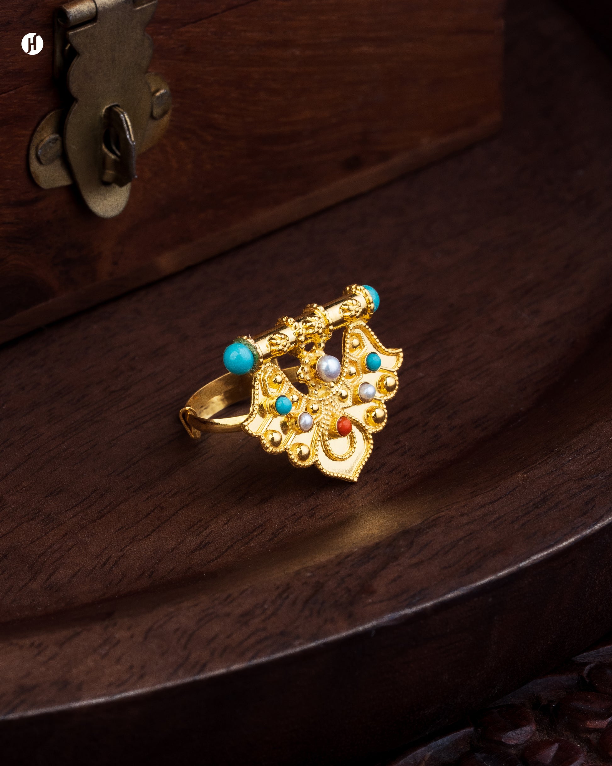 21-Karat Yellow Gold Bahraini Multi Gemstone Heritage Long Ring | Bridal Jewellery for Khaleeji/Arab Women - J.H Jewellers