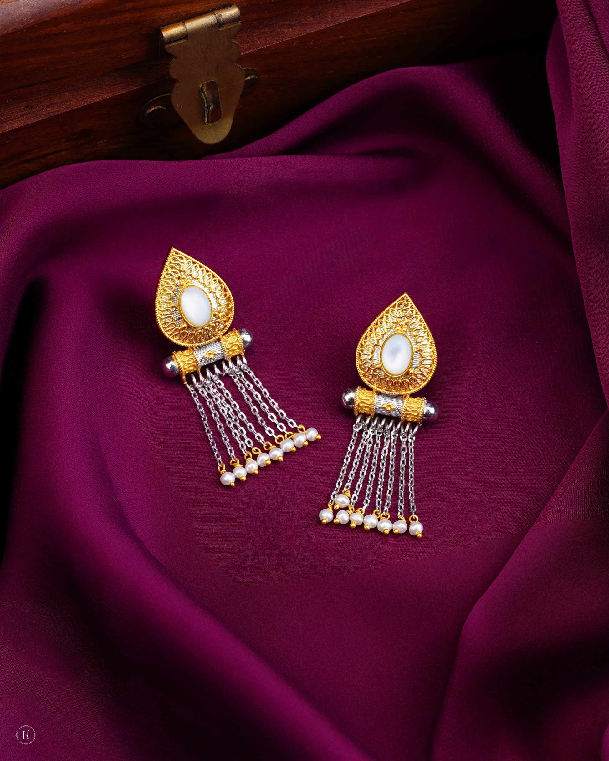 21-Karat Yellow Gold Bahraini Pearl Teardrop Tassel Earrings | Online Jewellery Store - J.H Jewellers