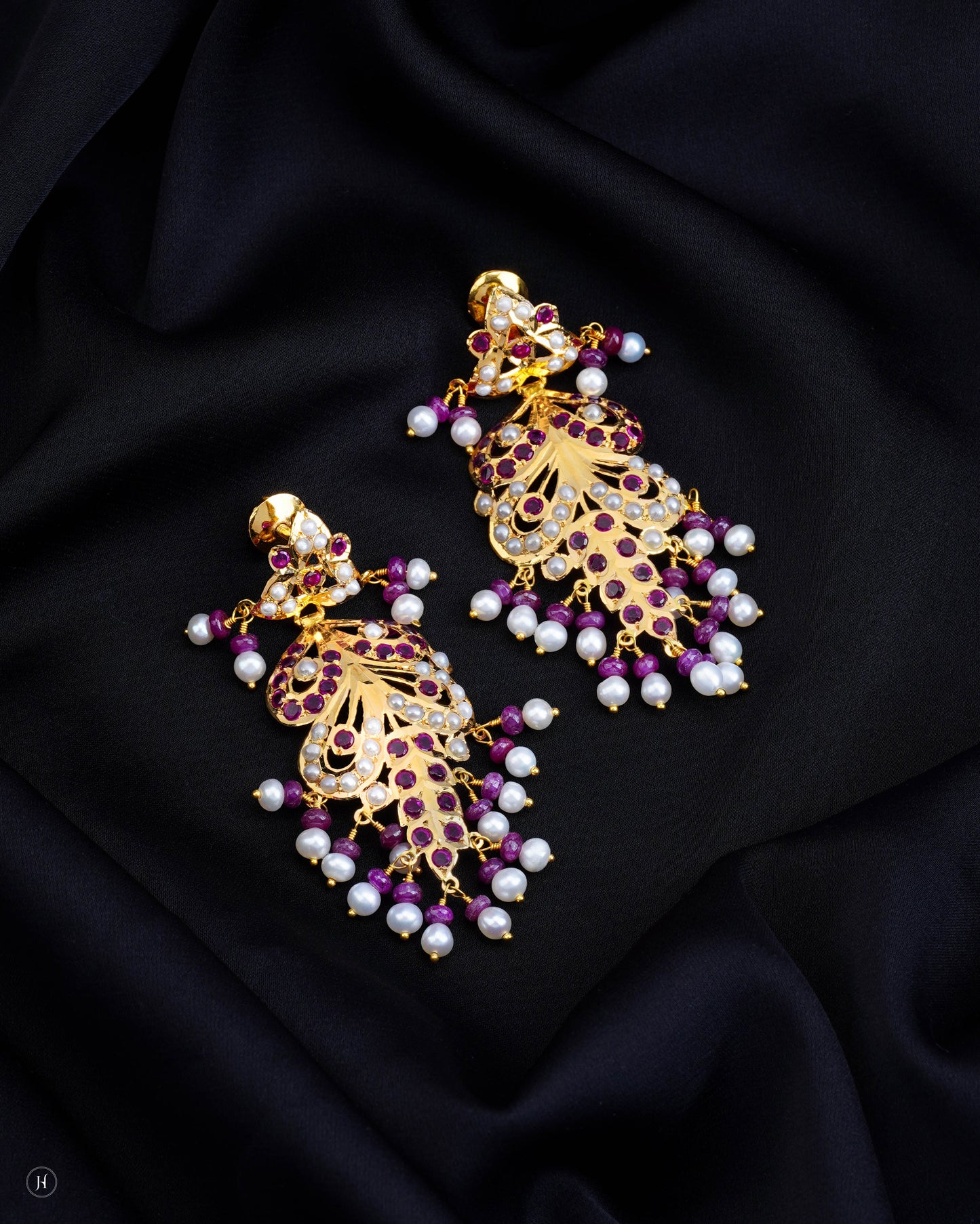 21-Karat Yellow Gold Bridal Pakistani Ruby & Pearl Peacock Motif Earrings | Online Jewellery Store in UAE - J.H Jewellers