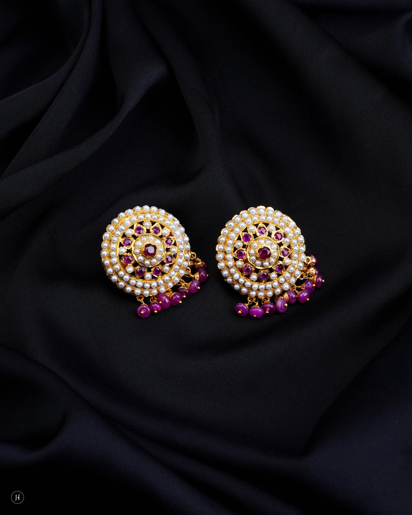 21-Karat Yellow Gold Pakistani Multi-Gemstone Round Motif Earrings Set