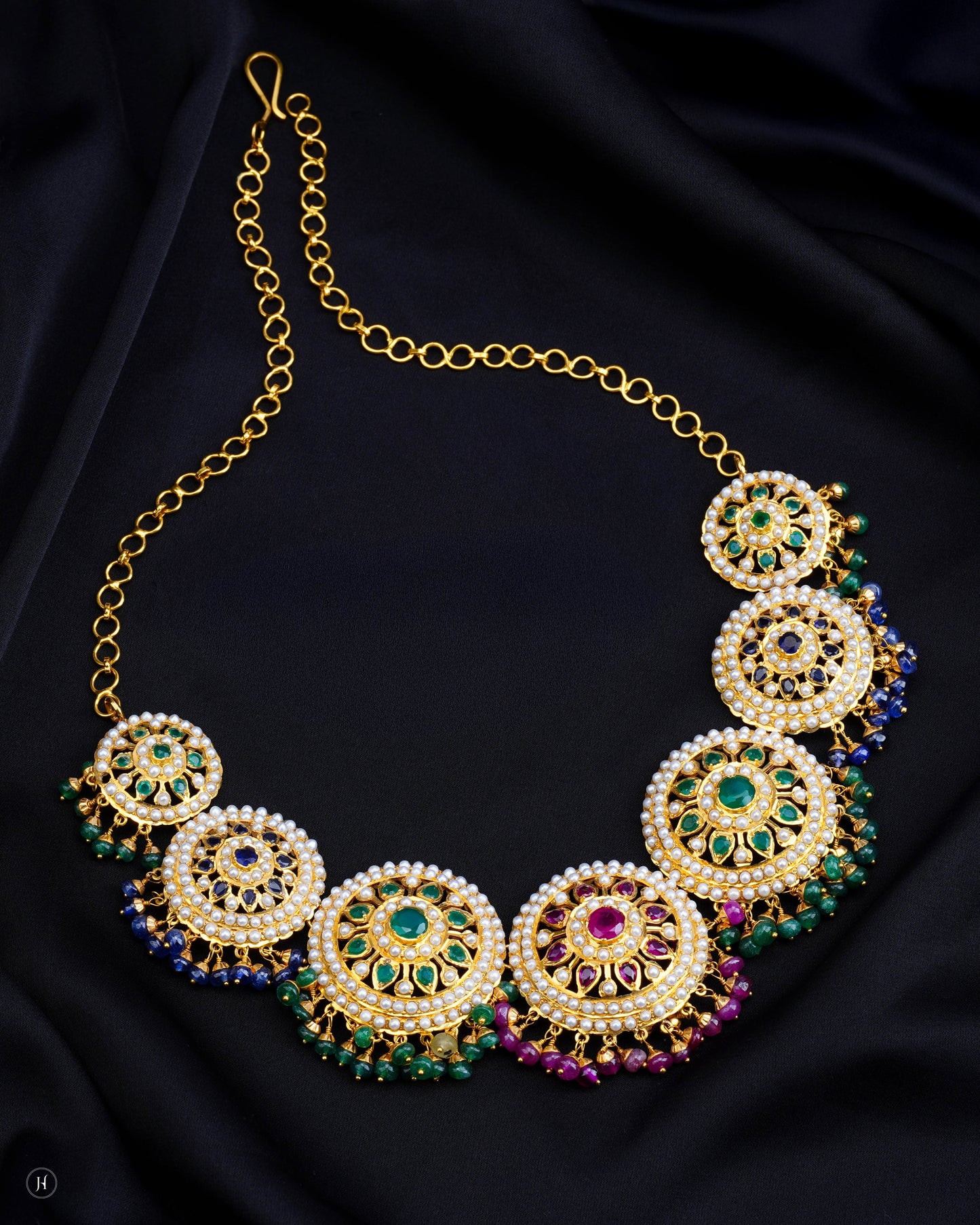 21-Karat Yellow Gold Pakistani Multi-Gemstone Round Motif Necklace Set