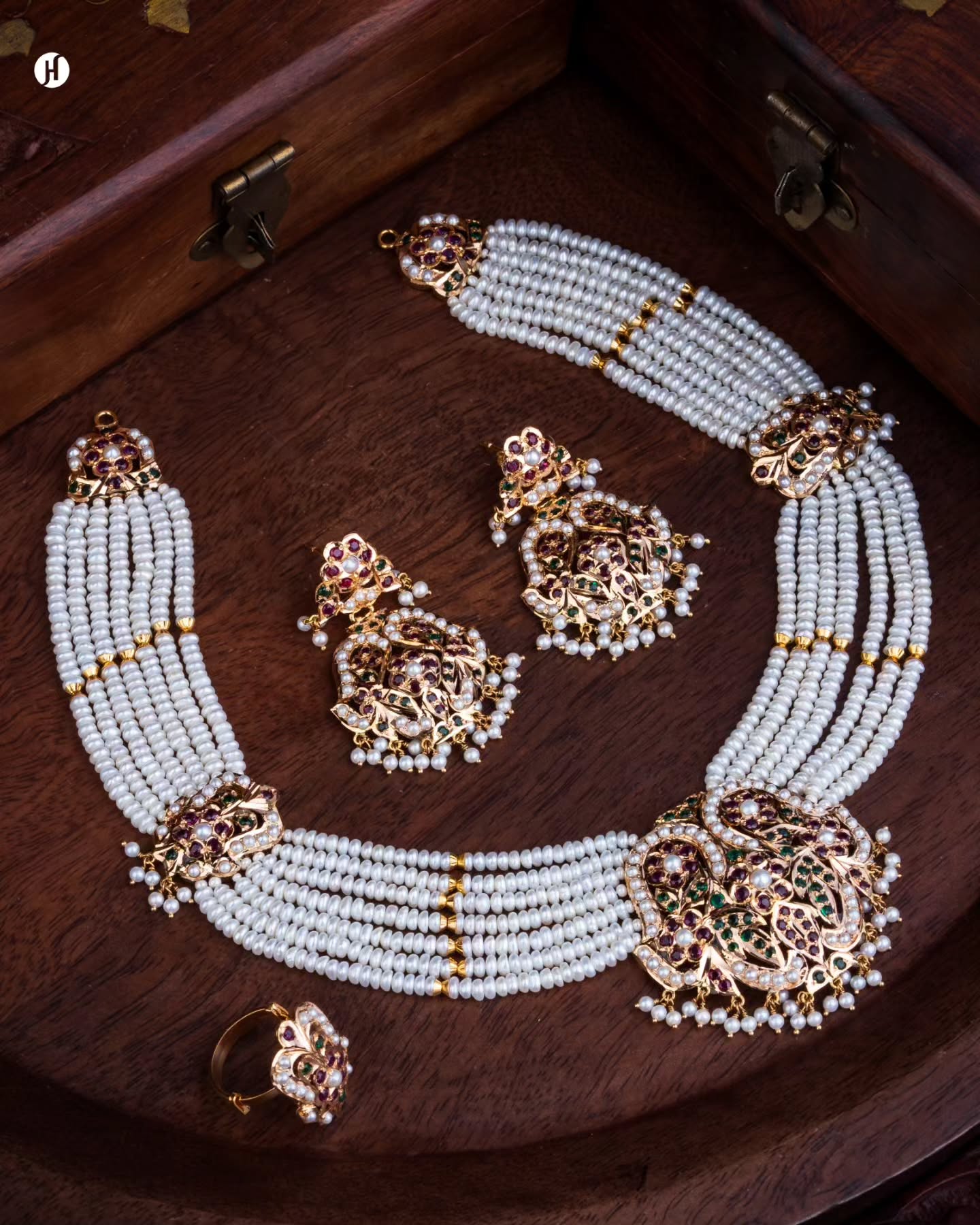 21K Gold Pakistani Multi-Strand Pearl Gemstone Necklace Set