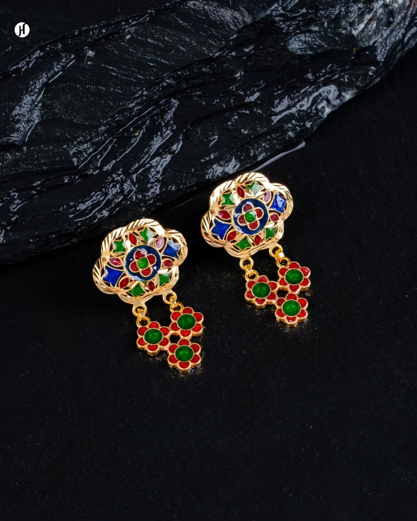 21K Yellow Gold Bahraini Flower Meena Earrings | Online Jewellery Store in Sharjah