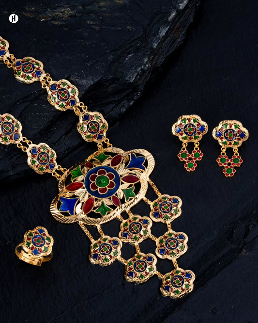 21K Yellow Gold Bahraini Flower Meena Necklace Set | Online Jewellery Store in Sharjah