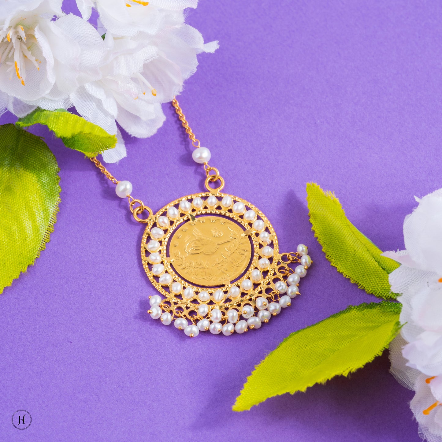 21K Yellow Gold Bahraini Pearl Coin Necklace Set for women | arabic online jewellery store in UAE