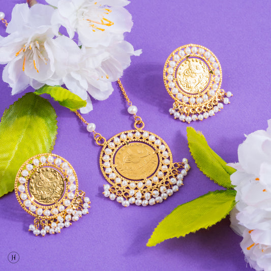 21K Yellow Gold Bahraini Pearl Coin Necklace Set