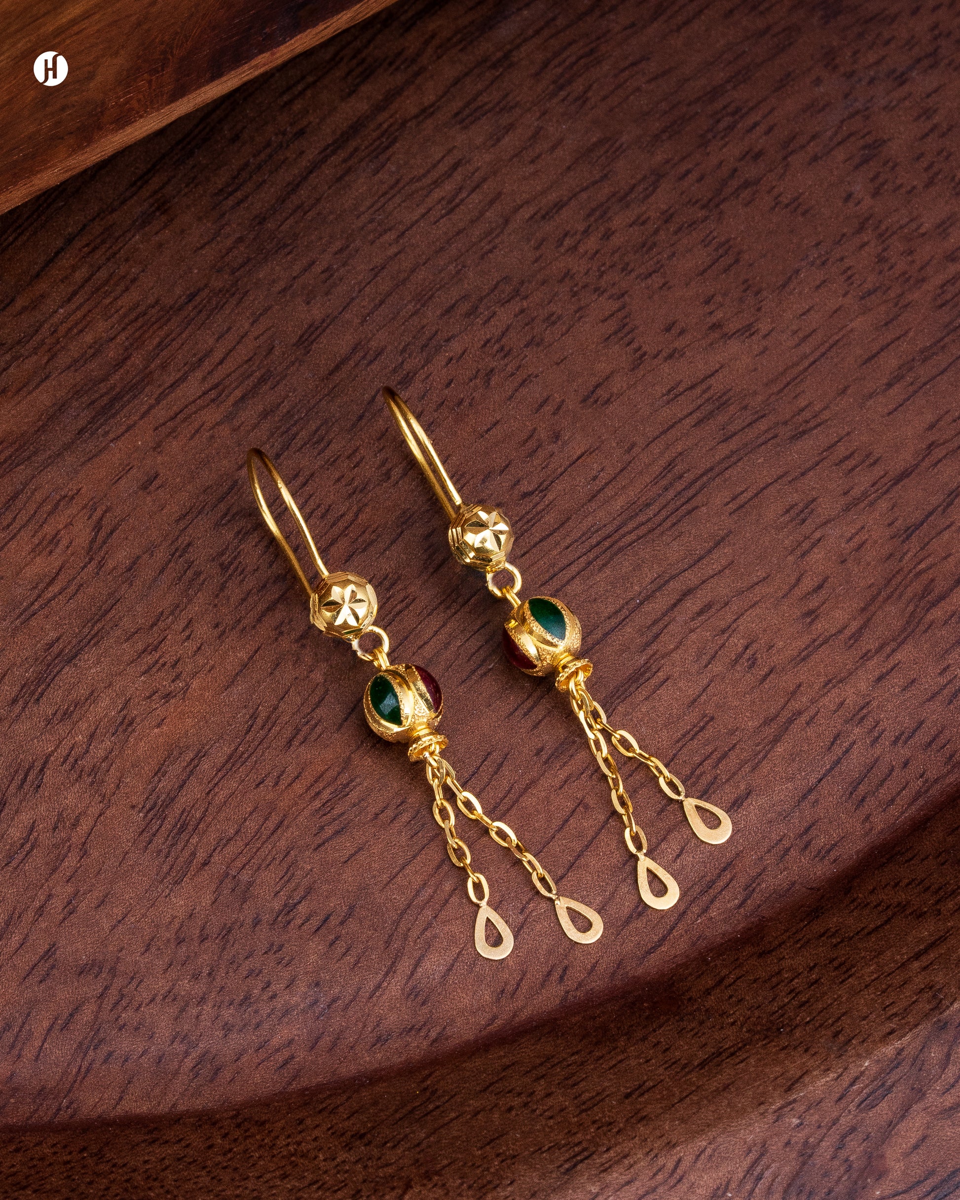 21K Yellow Gold Bahraini Red and Green Ball Bead Earrings Set